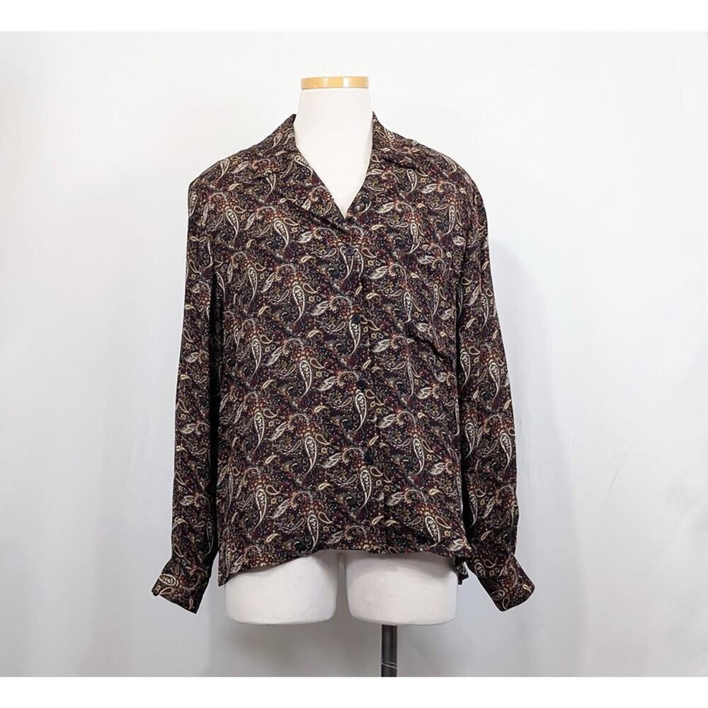 Vintage 90s Blouse Black Paisley Print Silk Top Shirt Women's Size S